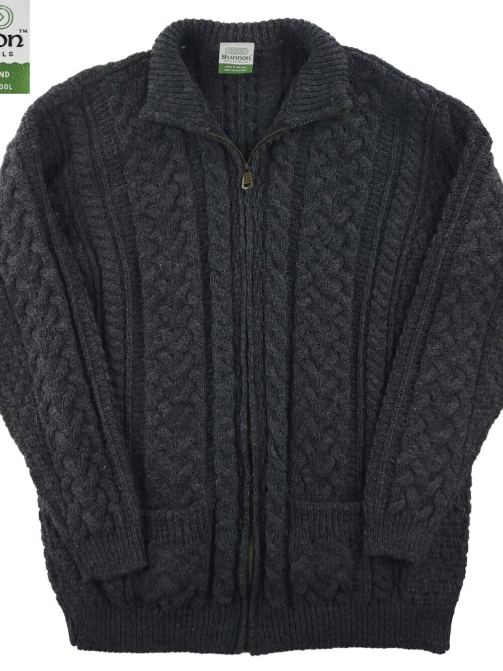 Shannon Woolen Mills Sweater Jacket Cardigan Cable Knit Zip Made Ireland Men XL